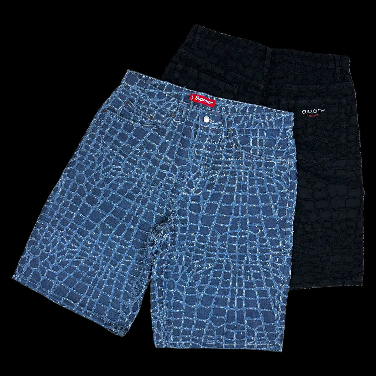 2025 supreme frayed croc baggy denim shorts – change clothes