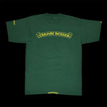 Load image into Gallery viewer, 90s chrome hearts green yellow scroll logo tee