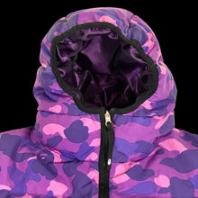Load image into Gallery viewer, 2006 bape purple camo hooded puffer jacket *reversible
