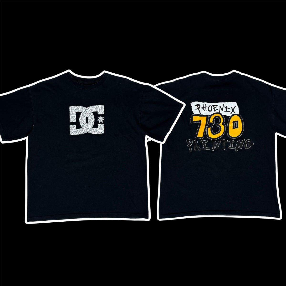 2000s 730 printing // dc logo shoe collage tee – change clothes