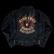 Load image into Gallery viewer, y2k harley womens cropped flame sleeve leather jacket
