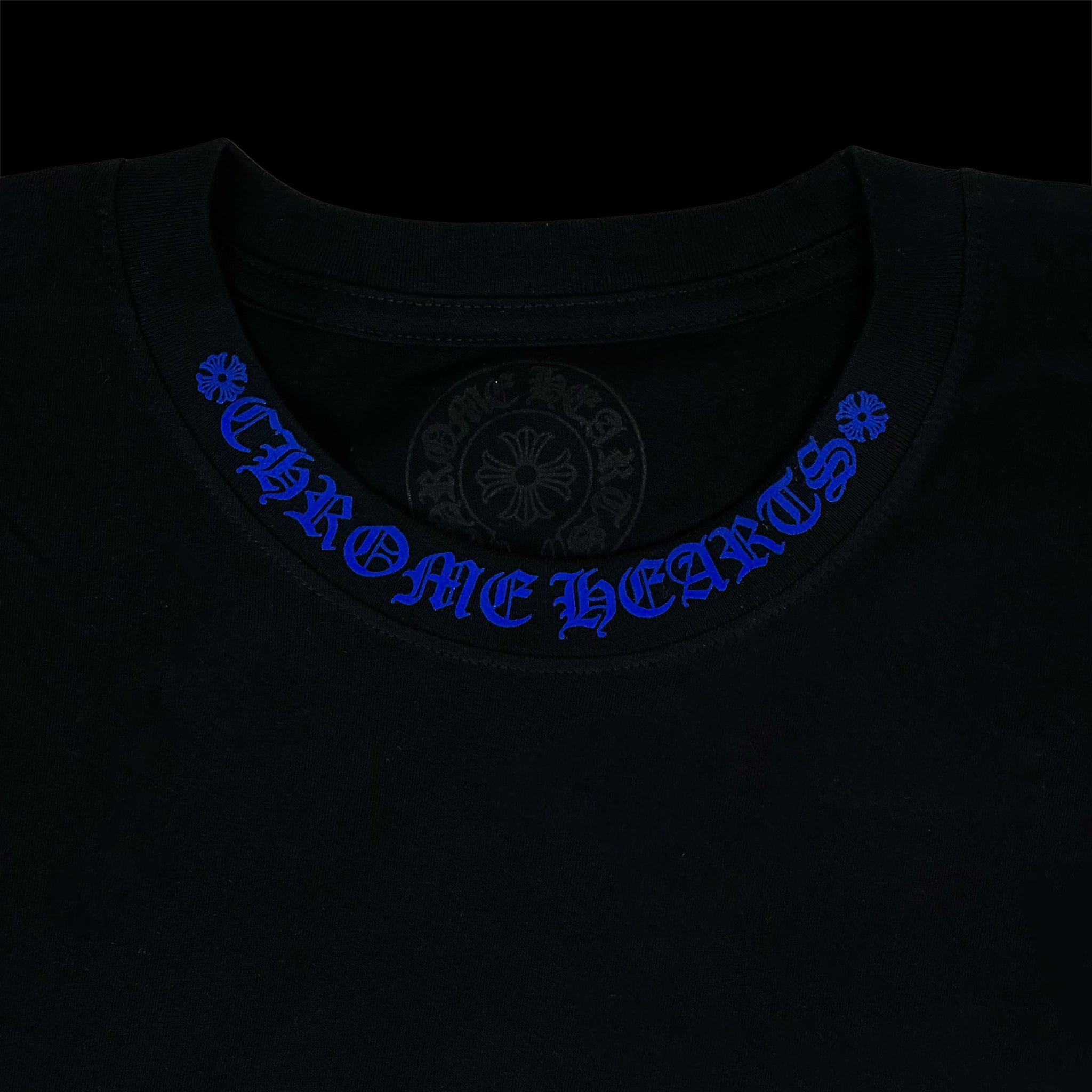 +CHROME HEARTS+ 1988 CH スクリプト ロンT ブラック BLACK BLUE Chrome Hearts 1988 Black Long Sleeve Shirt with Blue Prints