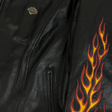 Load image into Gallery viewer, y2k harley womens cropped flame sleeve leather jacket
