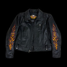 Load image into Gallery viewer, y2k harley womens cropped flame sleeve leather jacket
