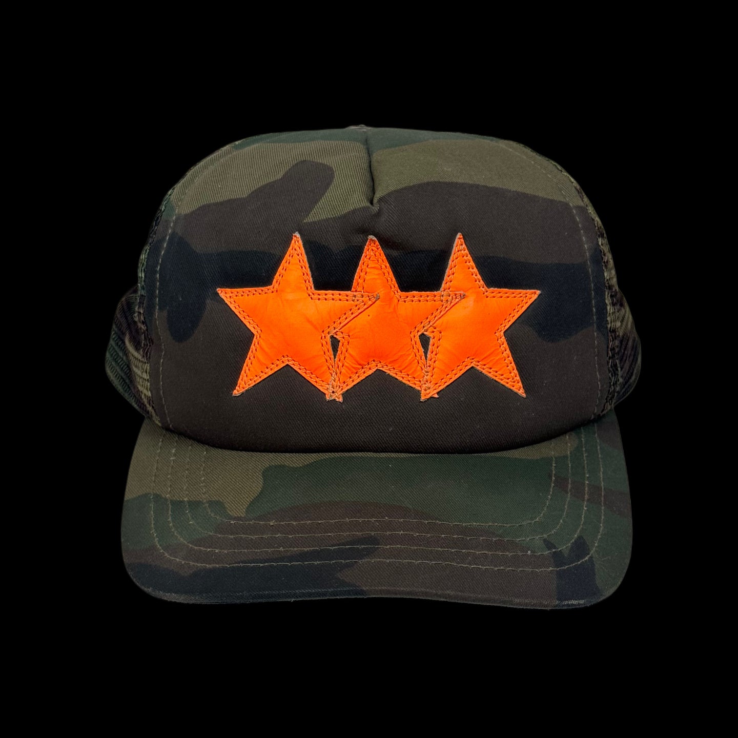 2000s chrome hearts camo orange triple star trucker hat