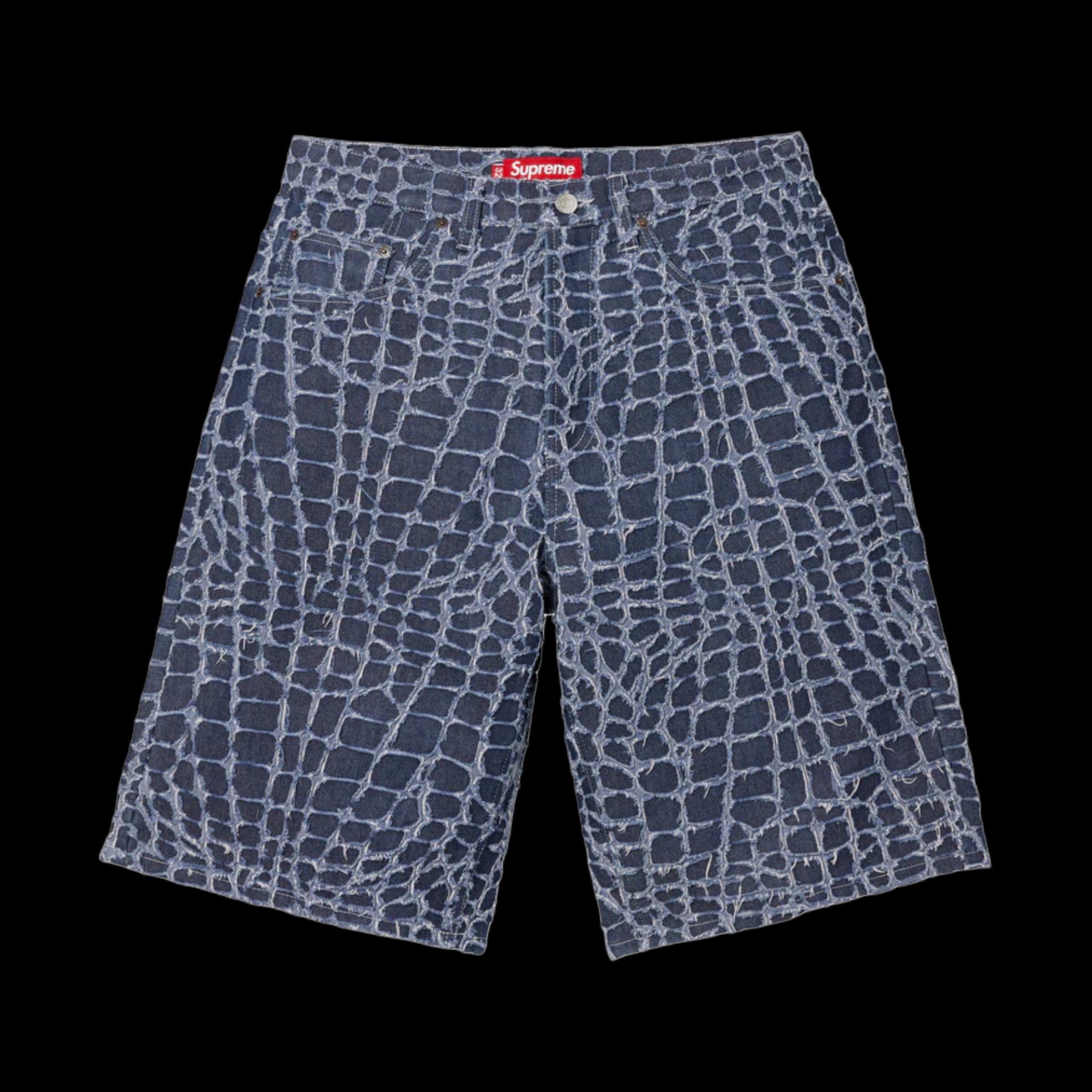 2025 supreme frayed croc baggy denim shorts – change clothes
