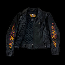 Load image into Gallery viewer, y2k harley womens cropped flame sleeve leather jacket
