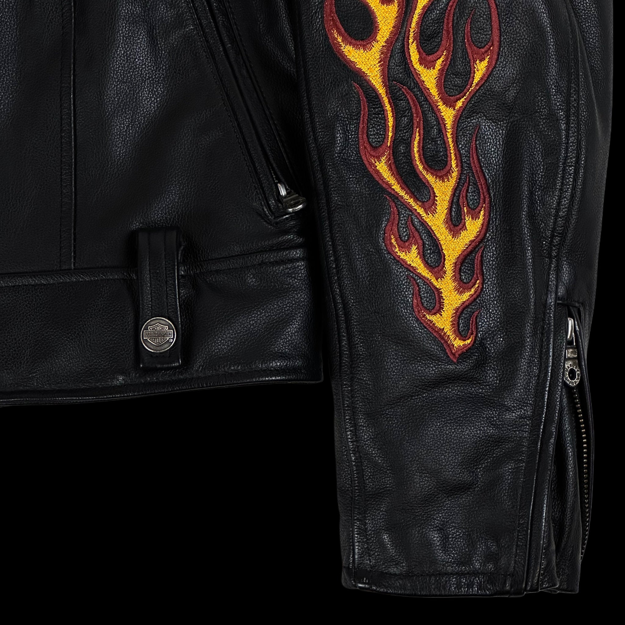 y2k harley womens cropped flame sleeve leather jacket – change clothes