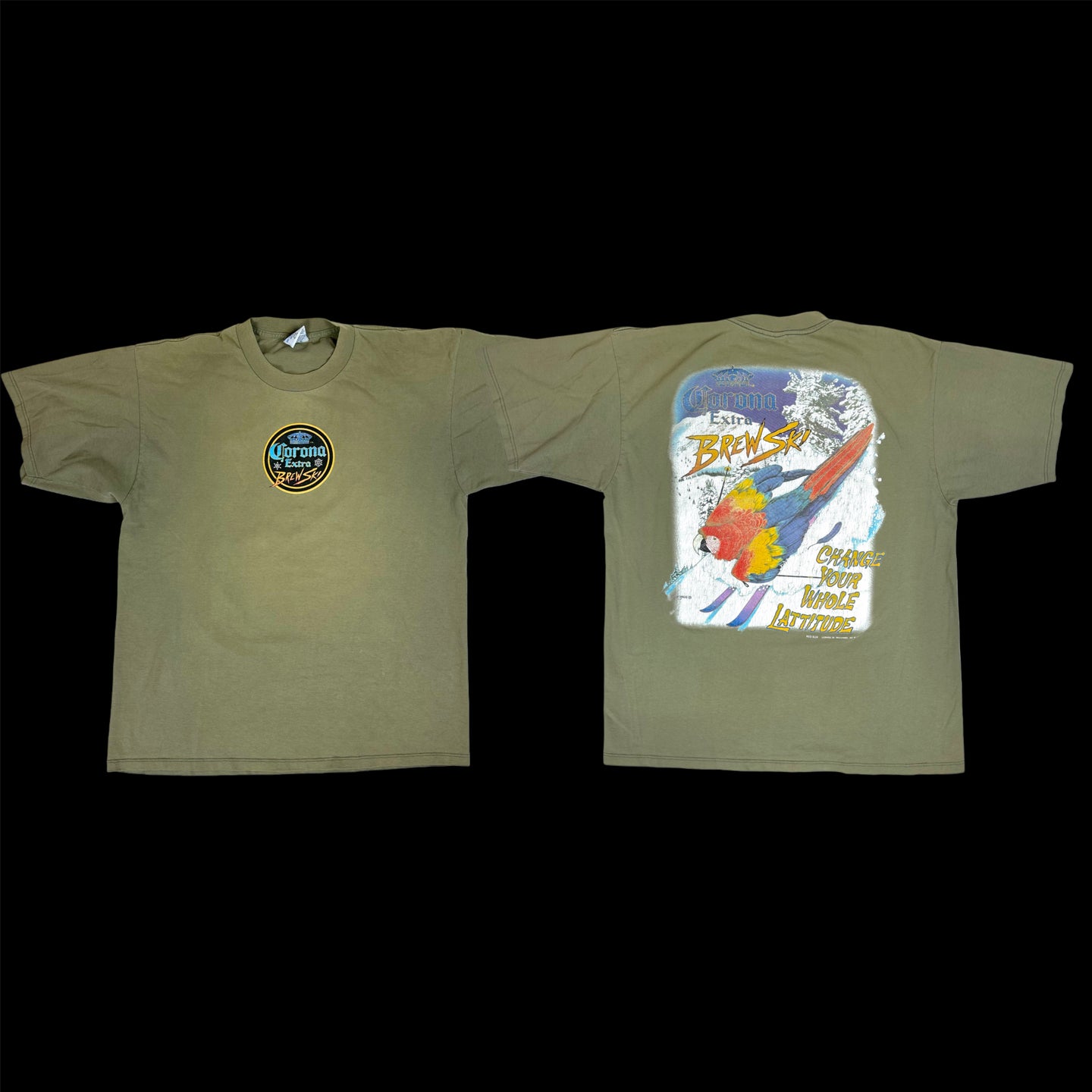 1996 corona brew ski parrot tee