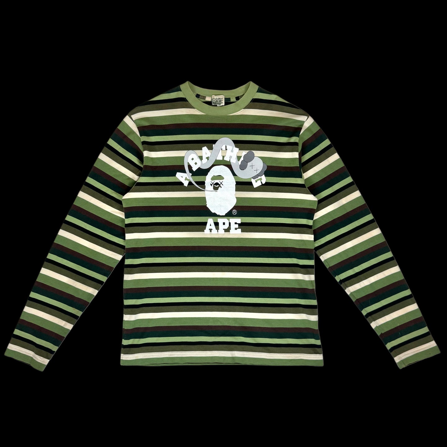 2005 bape // kaws border stripe bendy college logo tee green