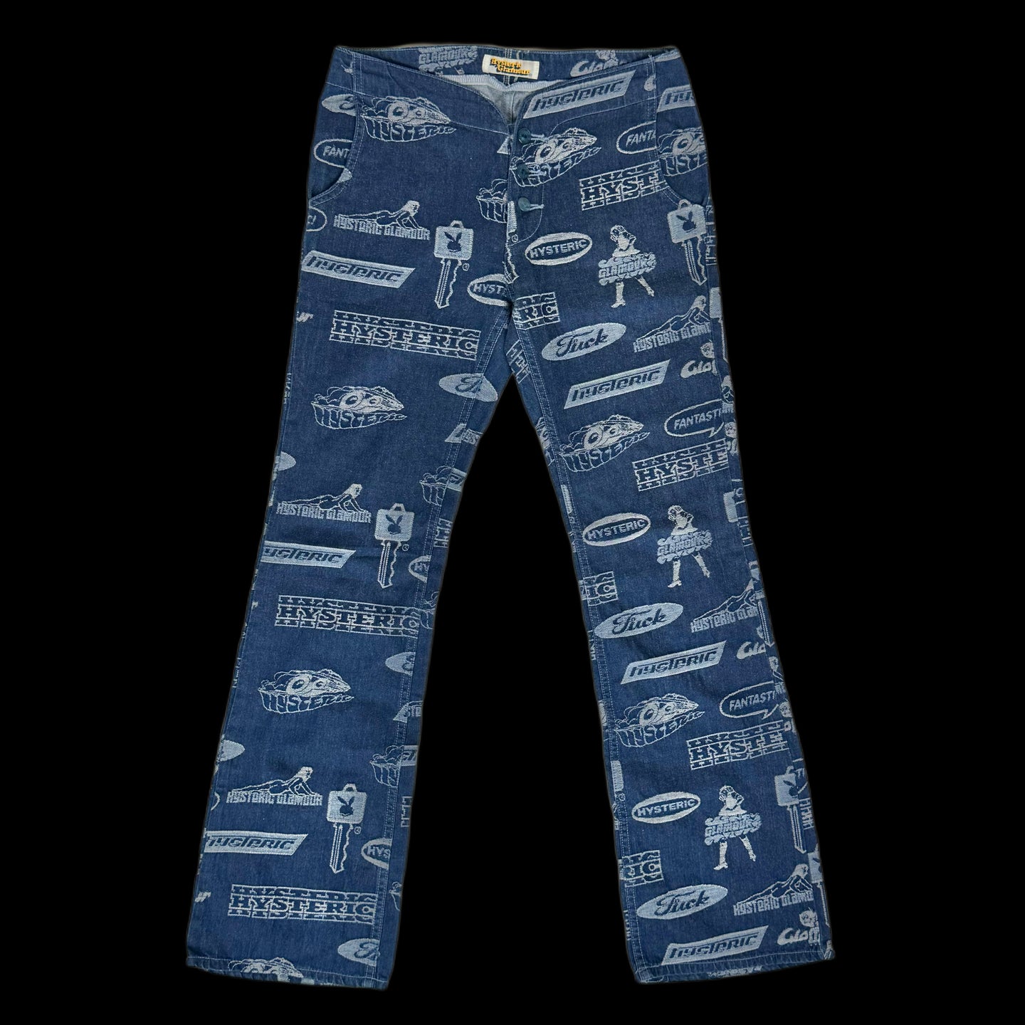 2000s hysteric glamour vixen girl logos indigo denim pants