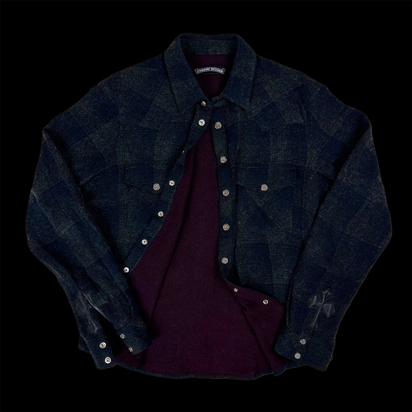vintage chrome hearts cuff cross patch wool button down western shirt