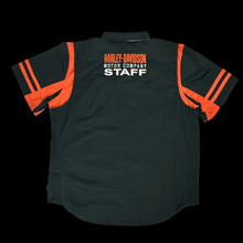 Load image into Gallery viewer, 90s harley staff mechanics shirt black orange
