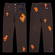 Load image into Gallery viewer, chrome hearts orange camo cross patch carpenter pants brown
