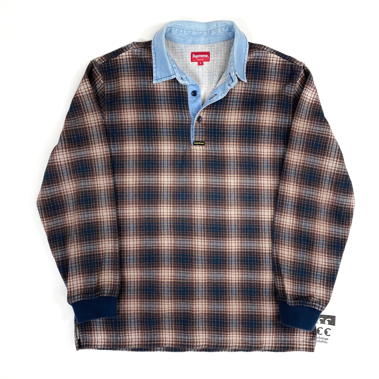 Supreme 2014 Denim Flannel Baseball Jersey Polo Shirt - Blue T