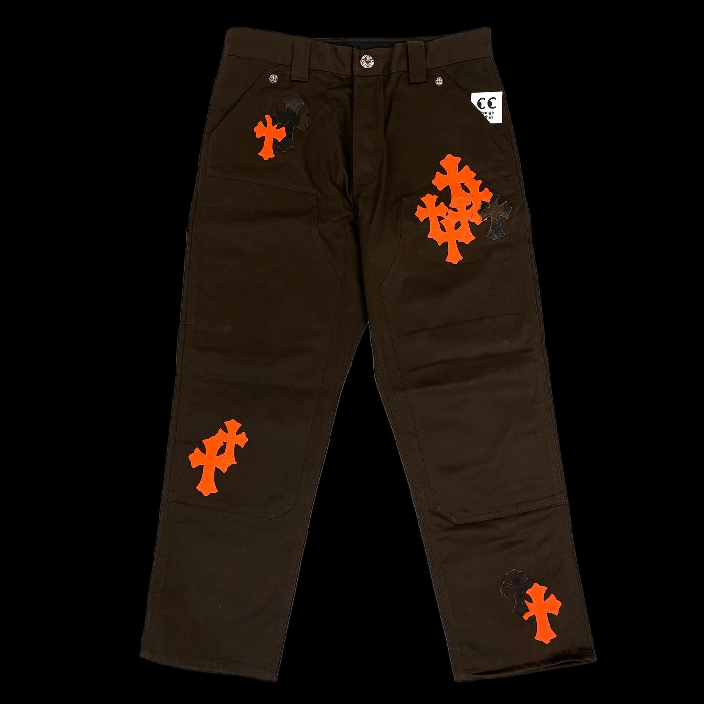 chrome hearts orange camo cross patch carpenter pants brown