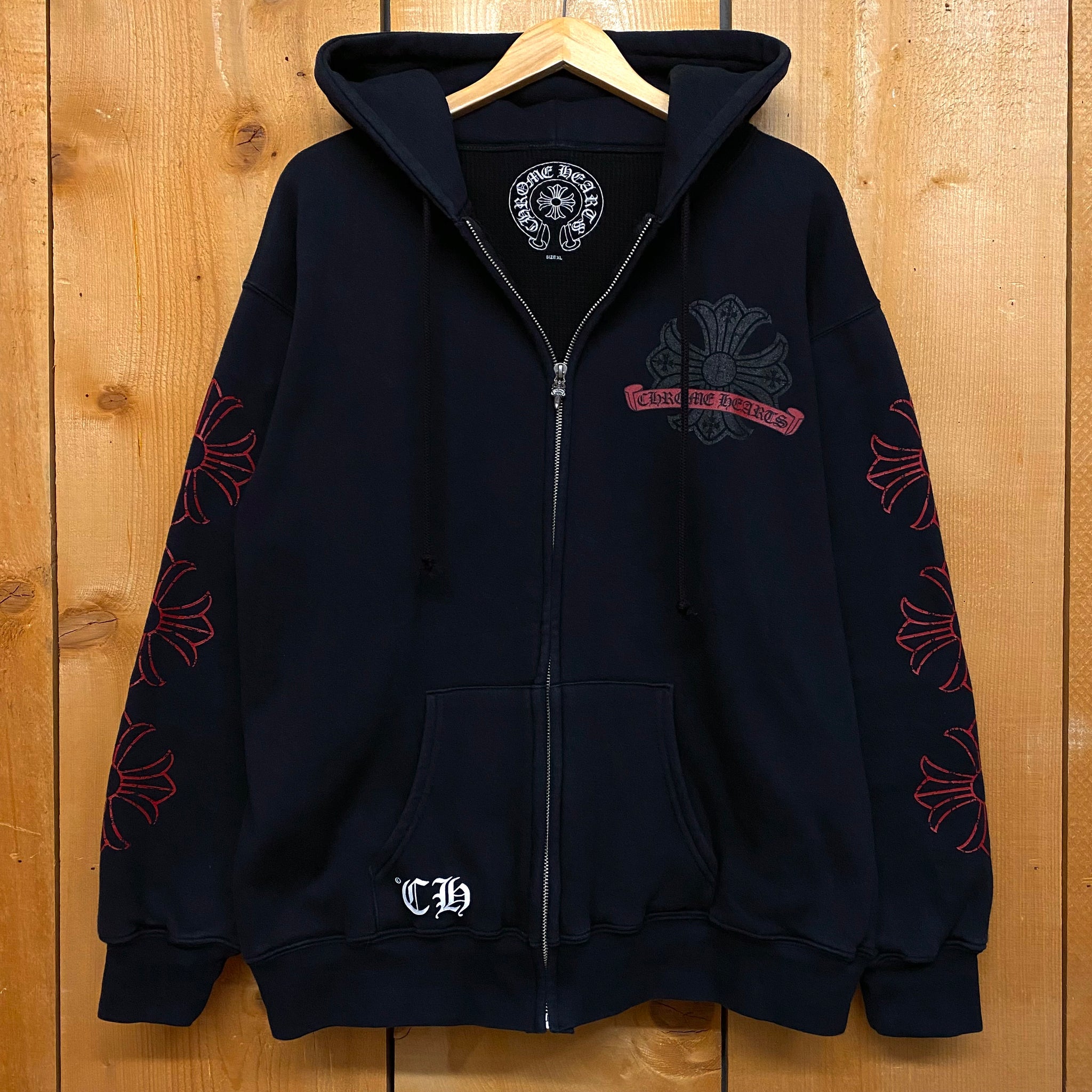 2007 chrome hearts big horseshoe cross sleeve dagger zip up hoodie